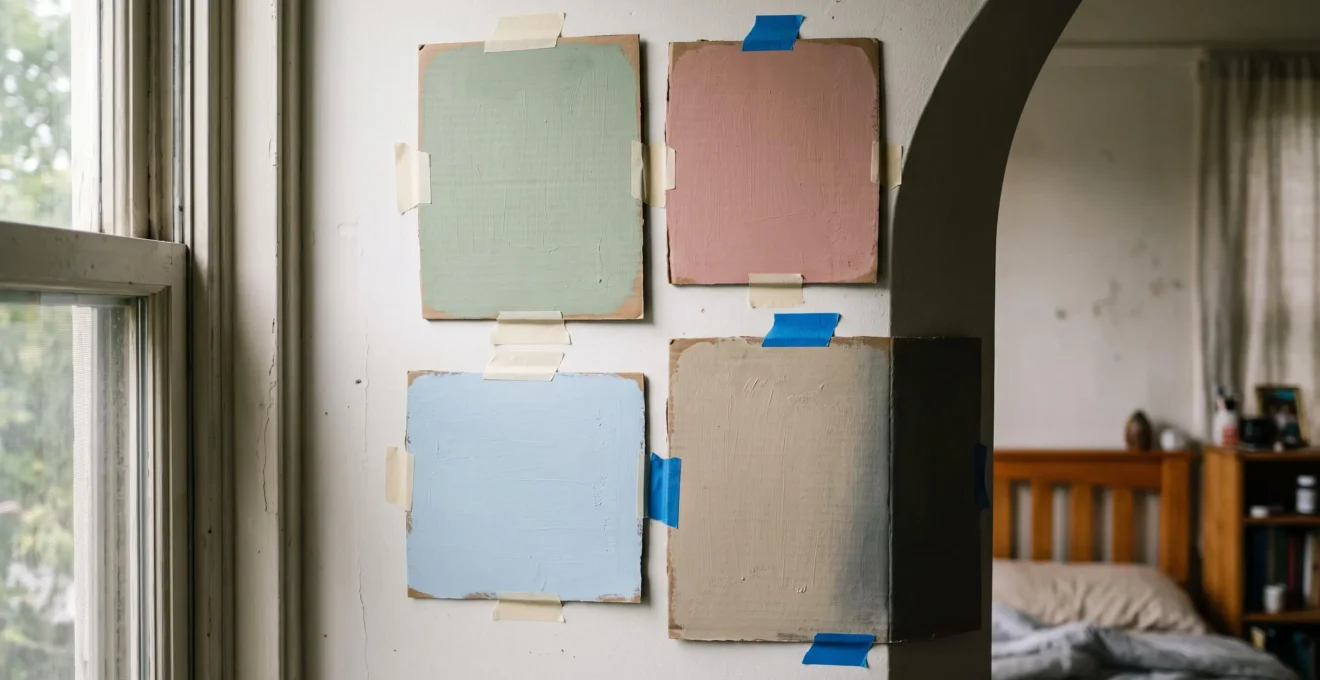 Quatre échantillons de peinture testés sur un mur de chambre à la lumière du jour.