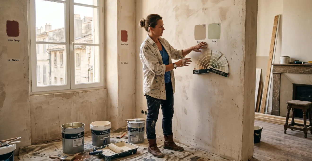 Un peintre compare deux nuanciers de couleurs contre un mur en rénovation.