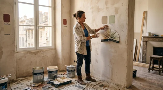 Un peintre compare deux nuanciers de couleurs contre un mur en rénovation.